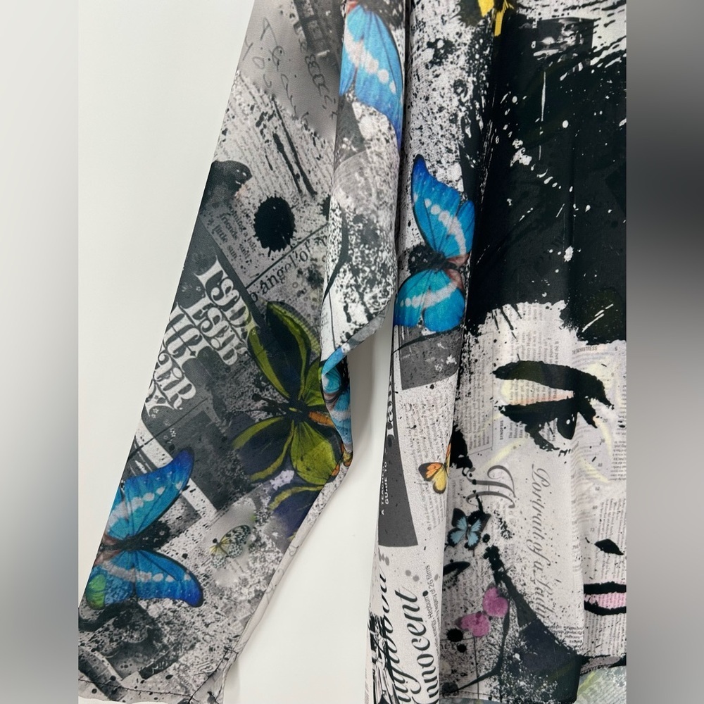 Artistic Y2K Retro Audrey Hepburn Butterfly Newspaper Print Cowl Neck Tunic Sz S - Picture 5 of 11